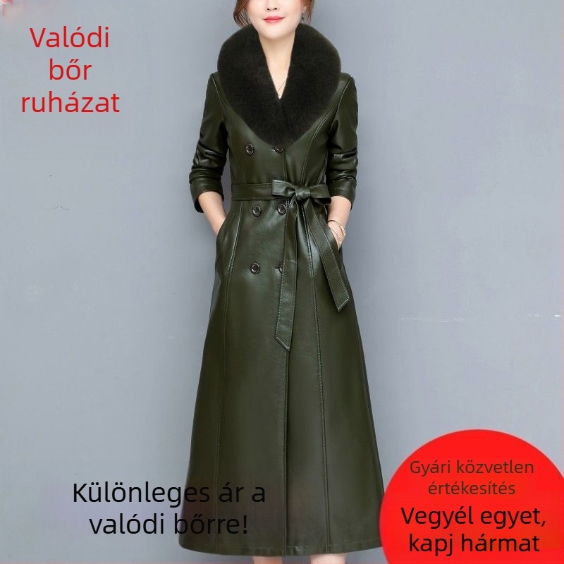 Chiweng Valódi juhbőr hosszú kabát rókaszőr gallérral, koreai stílus, plusz méret, fleece-béléssel