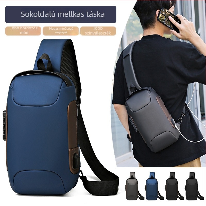 Férfi mellkas táska, nagy kapacitású, többfunkciós, városi minimalist stílus, vízálló, lopás elleni védelem, Oxford anyag