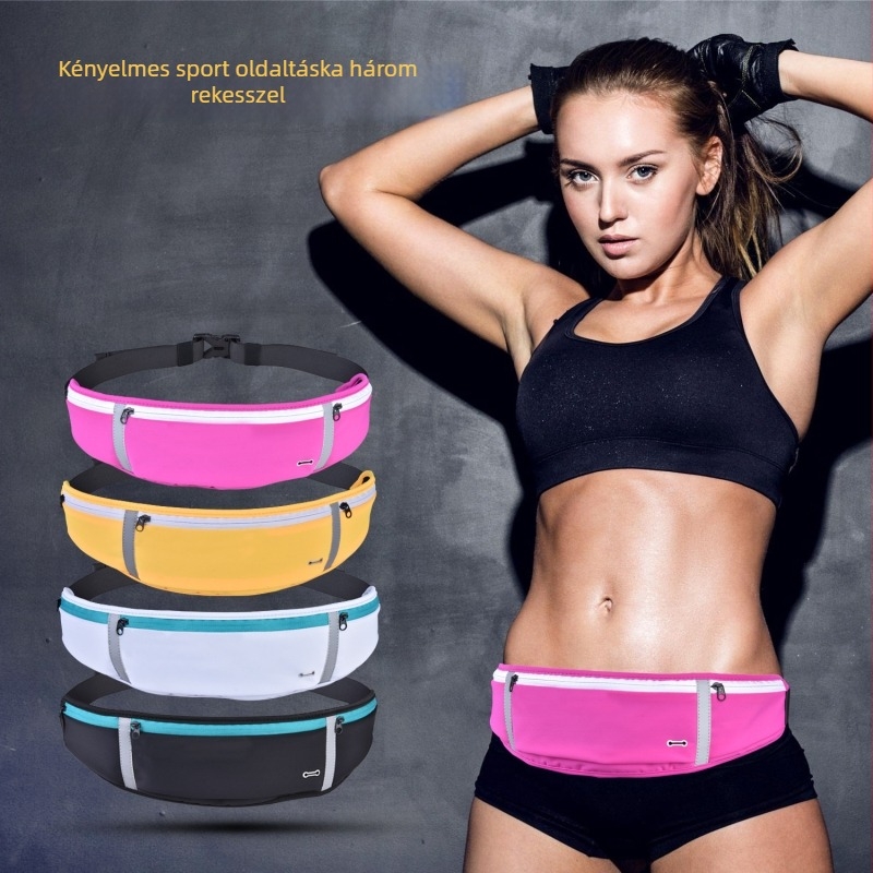 Nylon Lycra sport derék táska cipzárral, uniszex, koreai stílusú, több zsebbel, modell YBFF-20007-3, méretek 400×100 mm