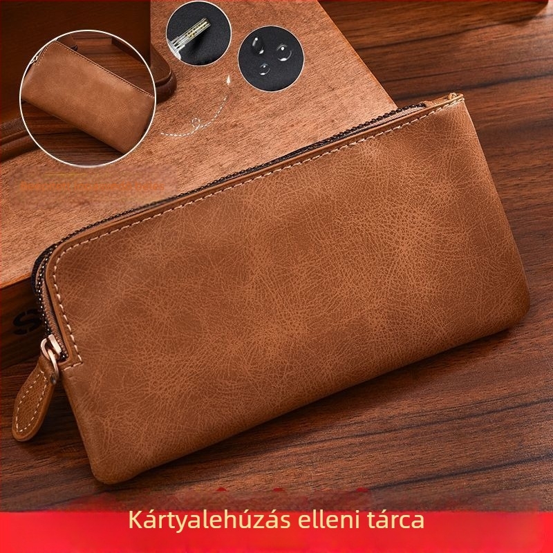 Retro férfi hosszú pénztárca PU bőr textúrával, egyszínű, ultranag multifunkcionális telefon táska cipzárral, belső szintetikus bőrrel