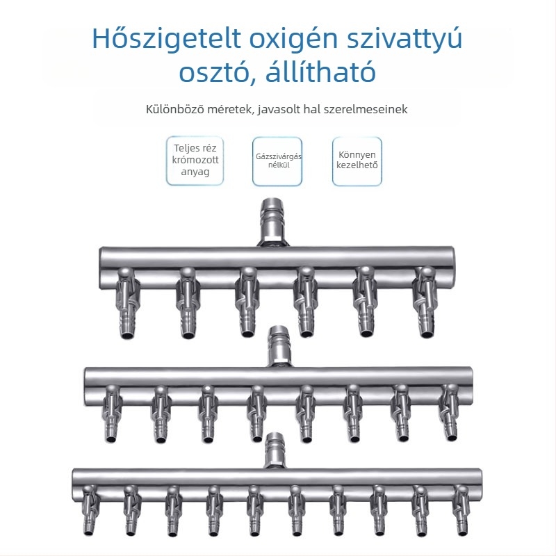 Rozsdamentes acélból készült akváriumi oxigénszelep elosztó független kapcsolóval, szabályzó szeleppel az oxigéncsőhöz, súly 48–279 g