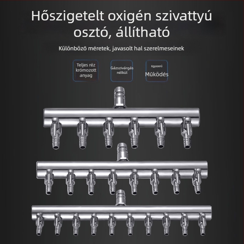 Rozsdamentes acélból készült akváriumi oxigénszelep elosztó független kapcsolóval, szabályzó szeleppel az oxigéncsőhöz, súly 48–279 g
