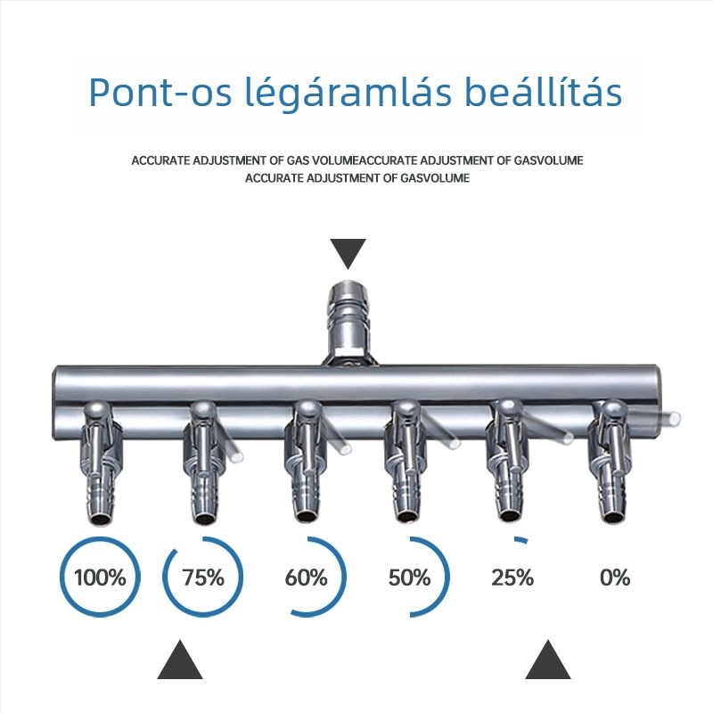 Rozsdamentes acélból készült akváriumi oxigénszelep elosztó független kapcsolóval, szabályzó szeleppel az oxigéncsőhöz, súly 48–279 g
