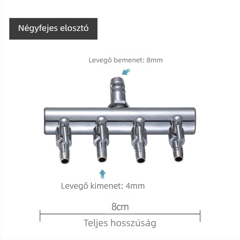 Rozsdamentes acélból készült akváriumi oxigénszelep elosztó független kapcsolóval, szabályzó szeleppel az oxigéncsőhöz, súly 48–279 g