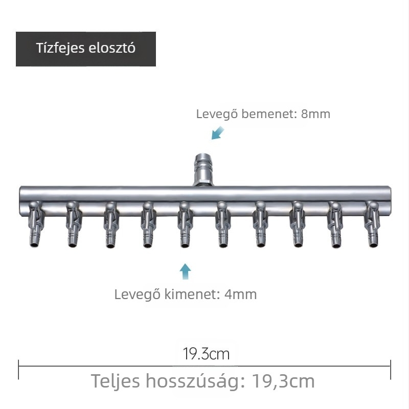 Rozsdamentes acélból készült akváriumi oxigénszelep elosztó független kapcsolóval, szabályzó szeleppel az oxigéncsőhöz, súly 48–279 g