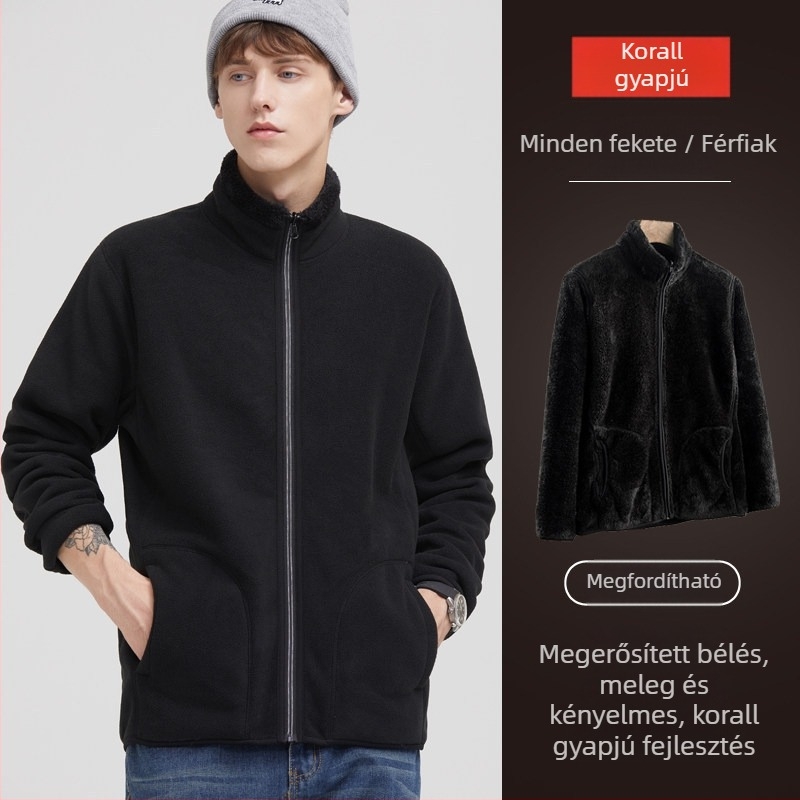 Unisex megfordítható polár fleece kabát kardigán stílusban, 100% kasmír, polár bélés, egyszínű