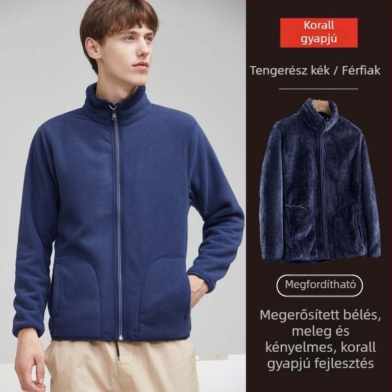 Unisex megfordítható polár fleece kabát kardigán stílusban, 100% kasmír, polár bélés, egyszínű