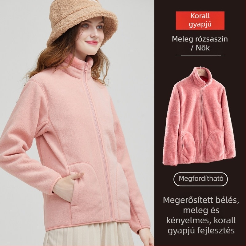 Unisex megfordítható polár fleece kabát kardigán stílusban, 100% kasmír, polár bélés, egyszínű