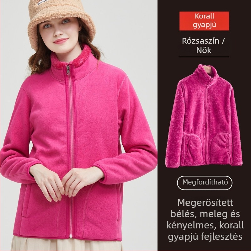 Unisex megfordítható polár fleece kabát kardigán stílusban, 100% kasmír, polár bélés, egyszínű