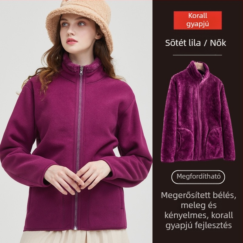 Unisex megfordítható polár fleece kabát kardigán stílusban, 100% kasmír, polár bélés, egyszínű