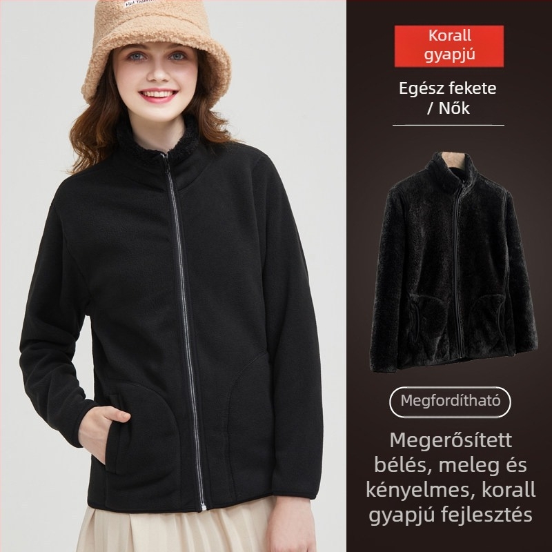 Unisex megfordítható polár fleece kabát kardigán stílusban, 100% kasmír, polár bélés, egyszínű