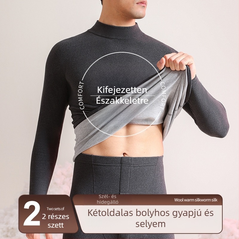 Férfi fleece-béléssel bélelt téli termikus alsóruha készlet, felső és nadrág, közepesen vastag, kerek nyakú