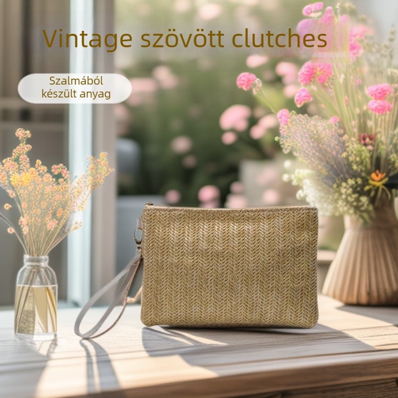 Női szalma fonott clutch táska, vízszintes négyzet alakú forma, cipzár, poliészter bélés, levehető fogantyú