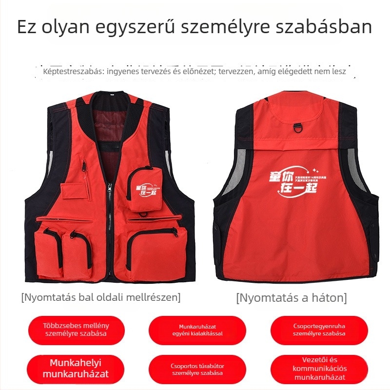 Kültéri mellény több zsebbel, vízálló, logóval, cipzáras záródás, kapucni nélküli, laza szabású
