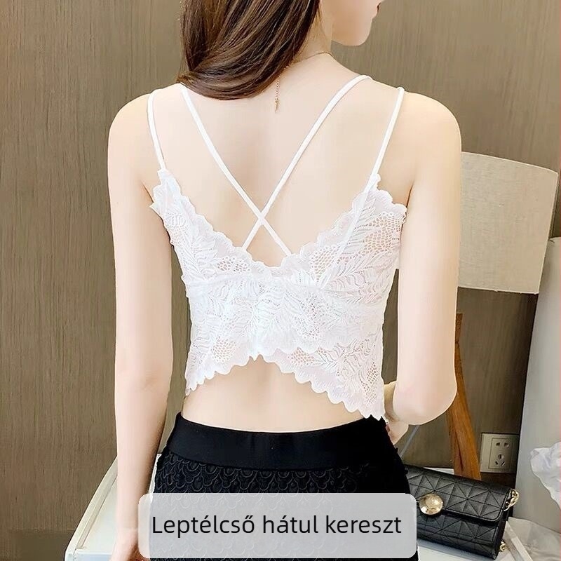 Koreai stílusú csipkés tube top, vállpánt nélküli, formázott és teljes kosár, 80–90% nylon, keresztezett hát