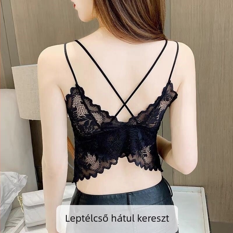 Koreai stílusú csipkés tube top, vállpánt nélküli, formázott és teljes kosár, 80–90% nylon, keresztezett hát