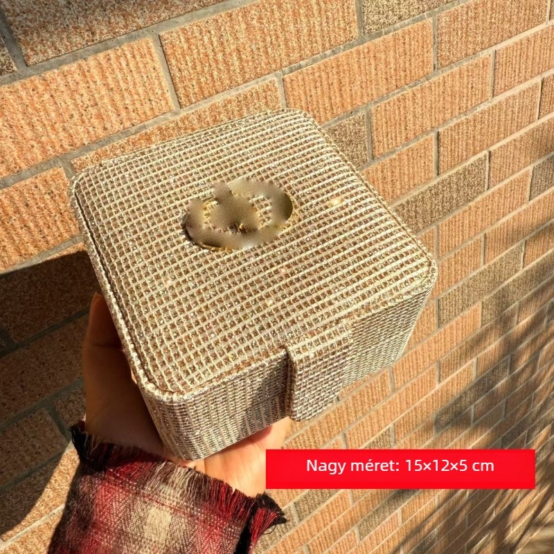 Négyzet alakú sminktáska, textil anyag, csíkos minta, bélés vászon, bővíthető, cipzár