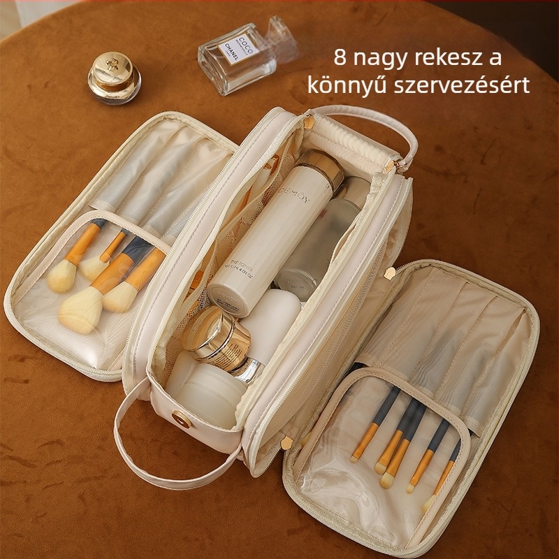 Sminktáska utazáshoz, tágas és hordozható, PU anyagú, betűs minta, vízálló poliészter bélés