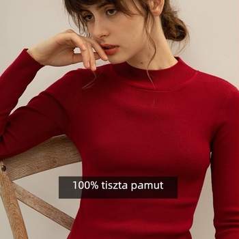 Női organikus pamut kötött pulóver, karcsúsított fazon, félmagas gallér, hosszú ujjú