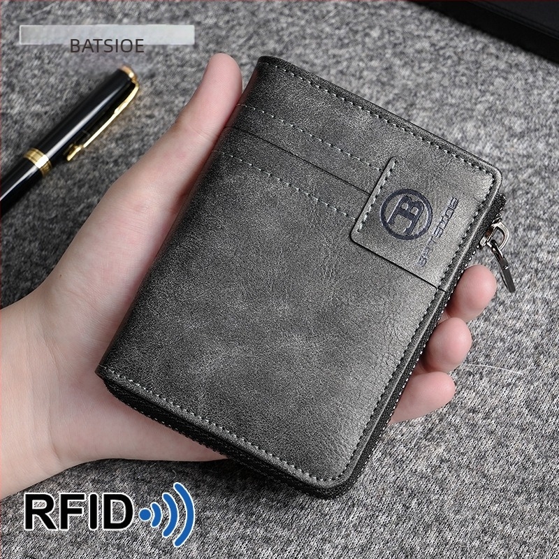 PU anyagú RFID-védett férfi pénztárca, cipzárral, bi-fold, több kártyatartóval