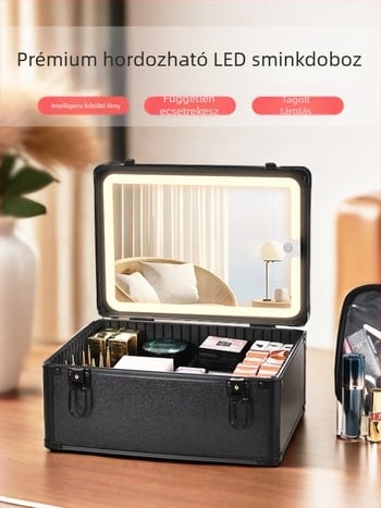 Fém kozmetikai táska beépített lámpával és tükörrel, zárható, kézben tartható