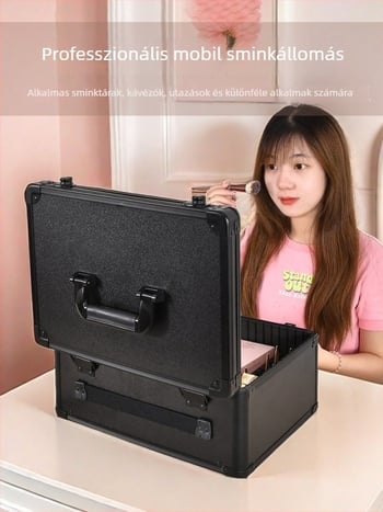 Fém kozmetikai táska beépített lámpával és tükörrel, zárható, kézben tartható