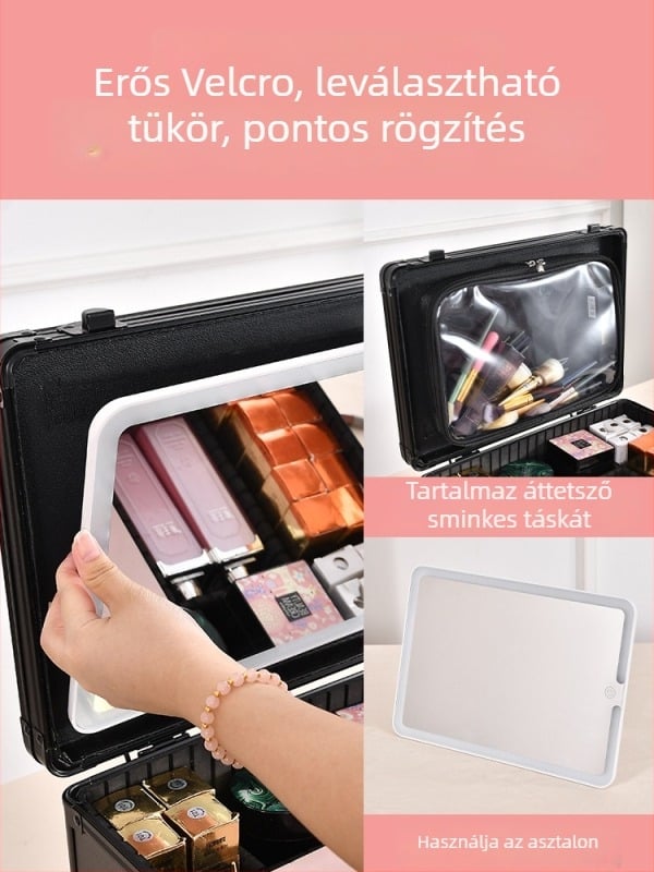 Fém kozmetikai táska beépített lámpával és tükörrel, zárható, kézben tartható