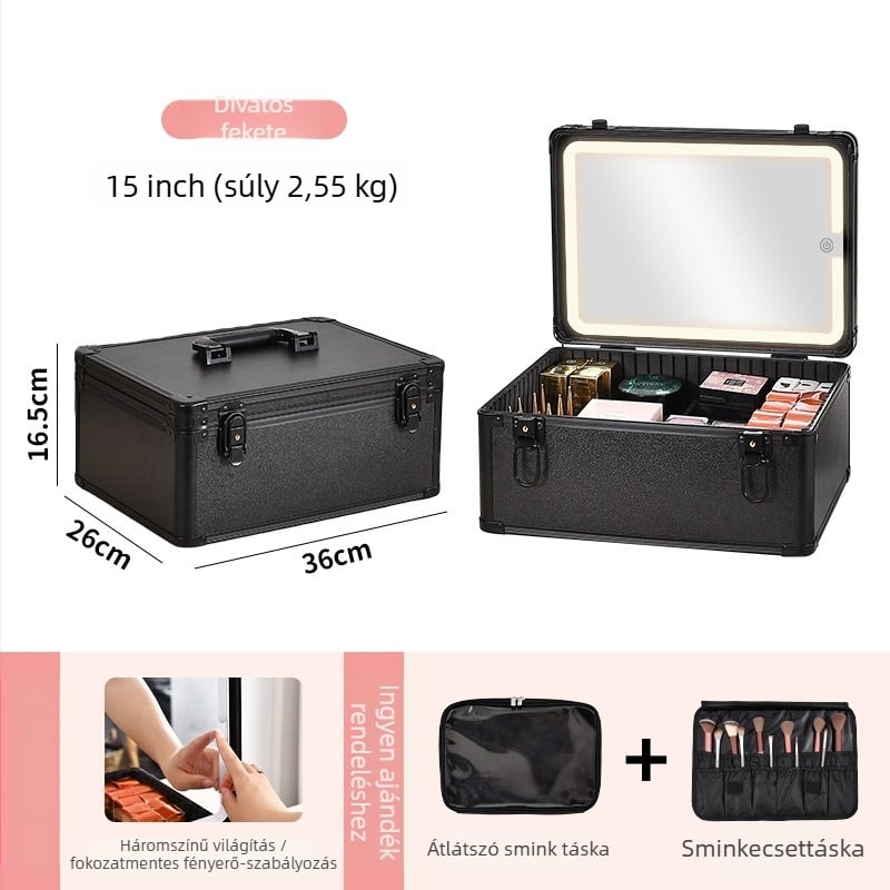 Fém kozmetikai táska beépített lámpával és tükörrel, zárható, kézben tartható