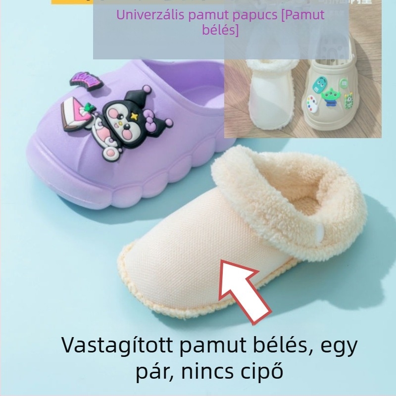 Vízhatlan gyerek pamut papucs lányoknak, beltéri csúszásmentes talppal, levehető bolyhos bélés és mesefigurás mintázat