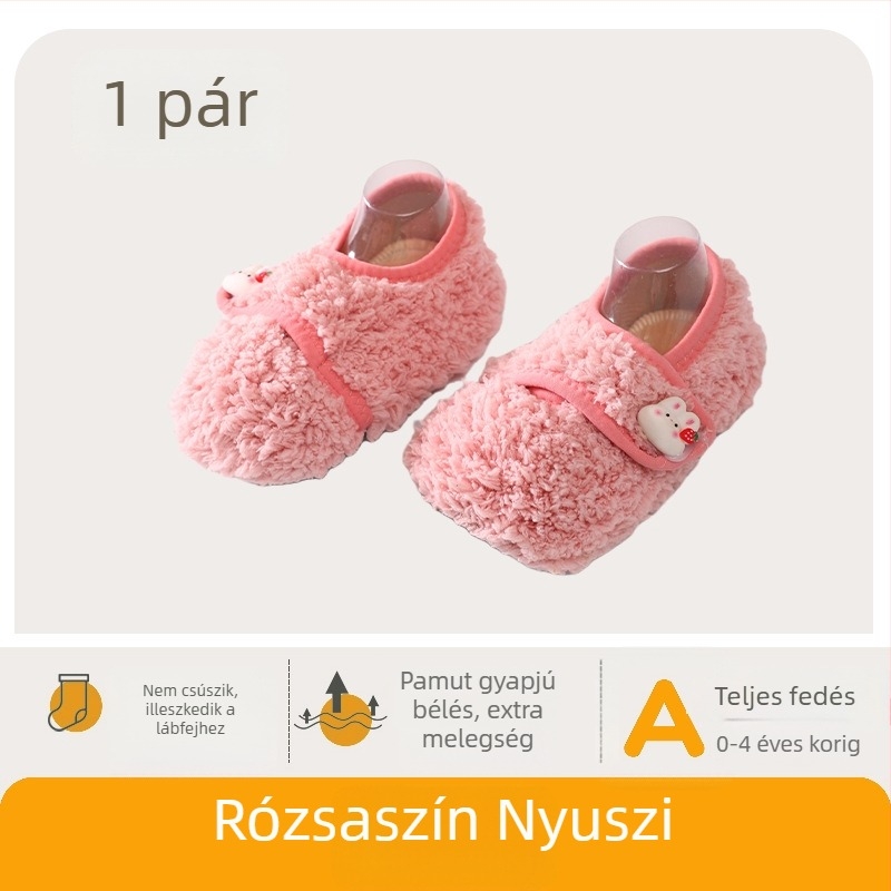 Bébi beltéri cipők pamut bársonyból, fleece béléssel, ősz-tél, puha talp, csúszásmentes, rajzfilms mintás járócipő