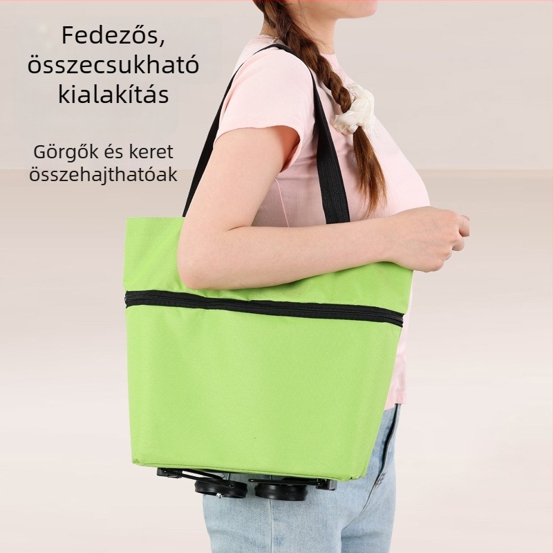 Összecsukható bevásárlókocsi kerékkel háztartási használatra, kettős funkciójú tárolótáska, Oxford anyag