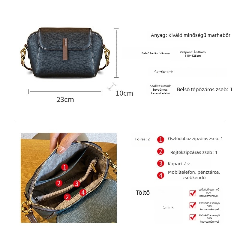 Shell Bag – Genuine Leather, Top-Grain Cowhide, Flap Opening, ZIP Hidden Pocket, Document Pocket