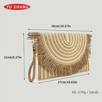 Szalma-ból készült envelope-stílusú clutch táska, vízszintes négyzet alakú, zárt nyitás, poliészter bélés