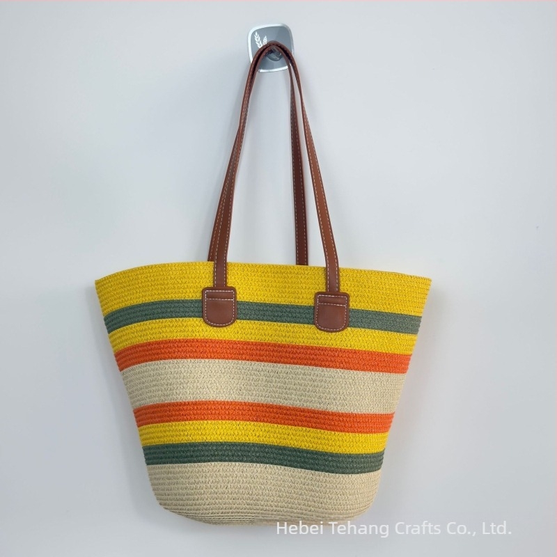 Texturált szövött szalma bucket táska, közepes méret, minimalistán luxus stílus, mindennapi használatra, két vállpánttal, belső cipzáros zseb