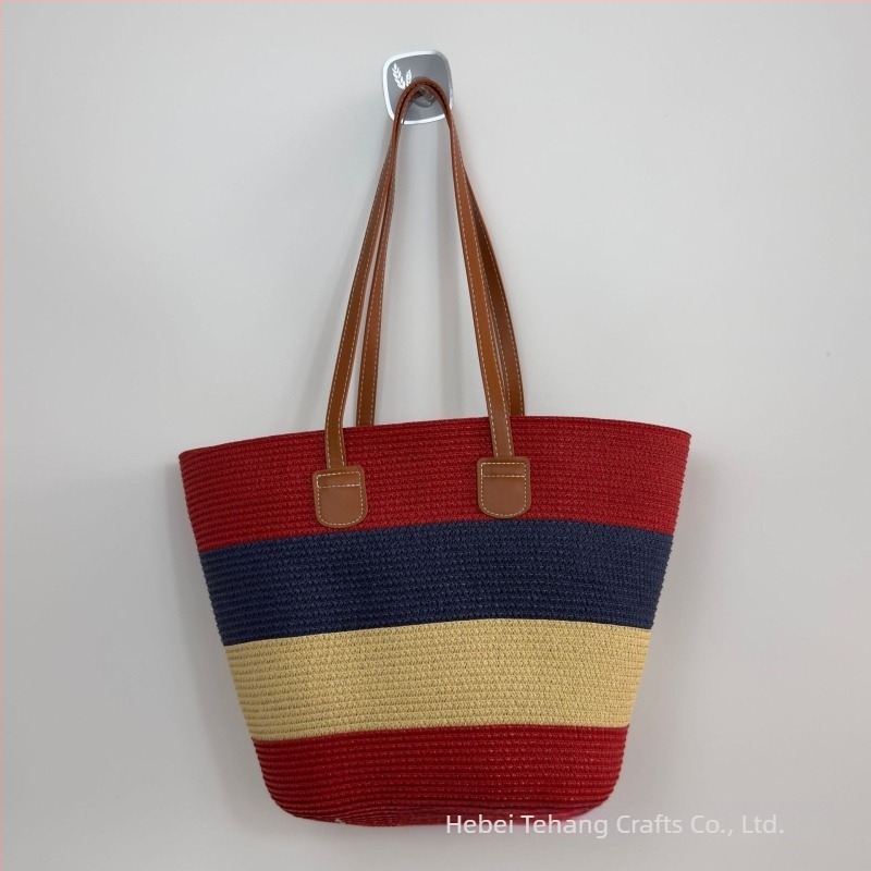 Texturált szövött szalma bucket táska, közepes méret, minimalistán luxus stílus, mindennapi használatra, két vállpánttal, belső cipzáros zseb