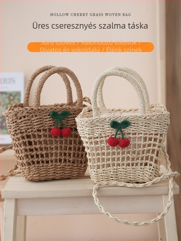 Női szalmából készült crossbody táska, friss és édes stílus, horizontális négyzet alakú forma, húzózáras nyitás, három vállpánt