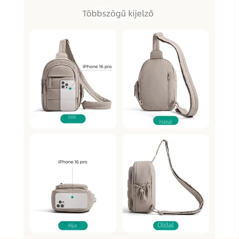 Quiltelt nylon crossbody táska, több rekesz, cipzáras nyitás, poliészter bélés
