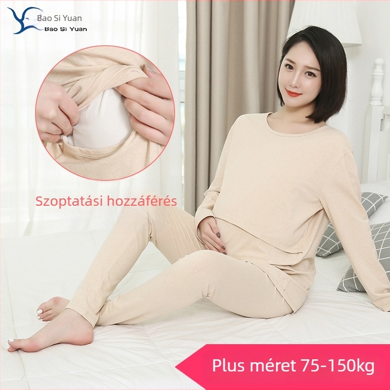 Kismama- és szoptatós szett: hosszú ujjú felső és nadrág, 95% pamut, szoptatási nyílás, japán-koreai laza stílus