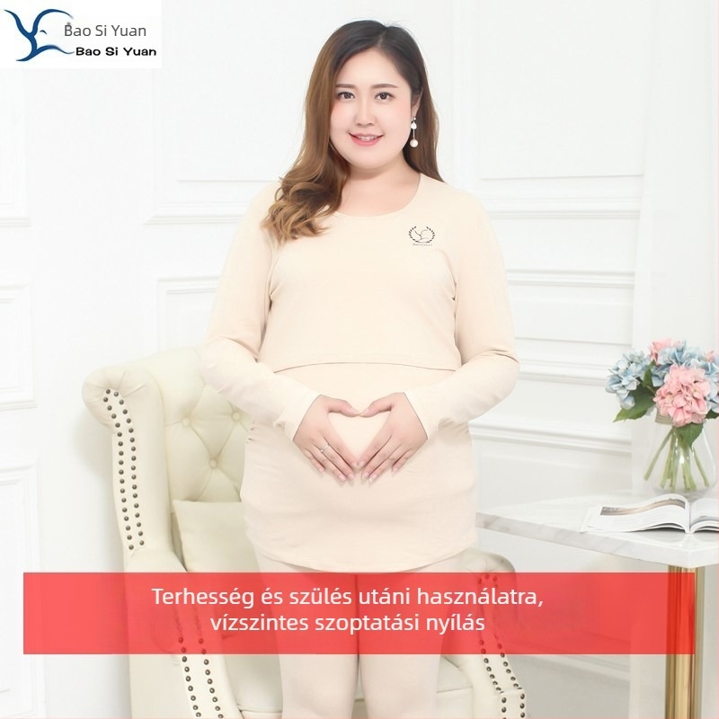 Kismama- és szoptatós szett: hosszú ujjú felső és nadrág, 95% pamut, szoptatási nyílás, japán-koreai laza stílus