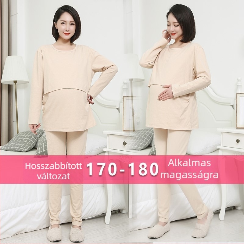 Kismama- és szoptatós szett: hosszú ujjú felső és nadrág, 95% pamut, szoptatási nyílás, japán-koreai laza stílus