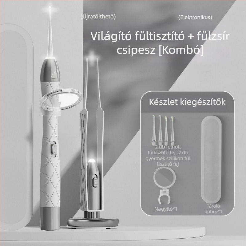 Világító fülkanál készlet, újratölthető, kétféle fényforrású világítás, vizuális hallójárat vizsgálat, PVC