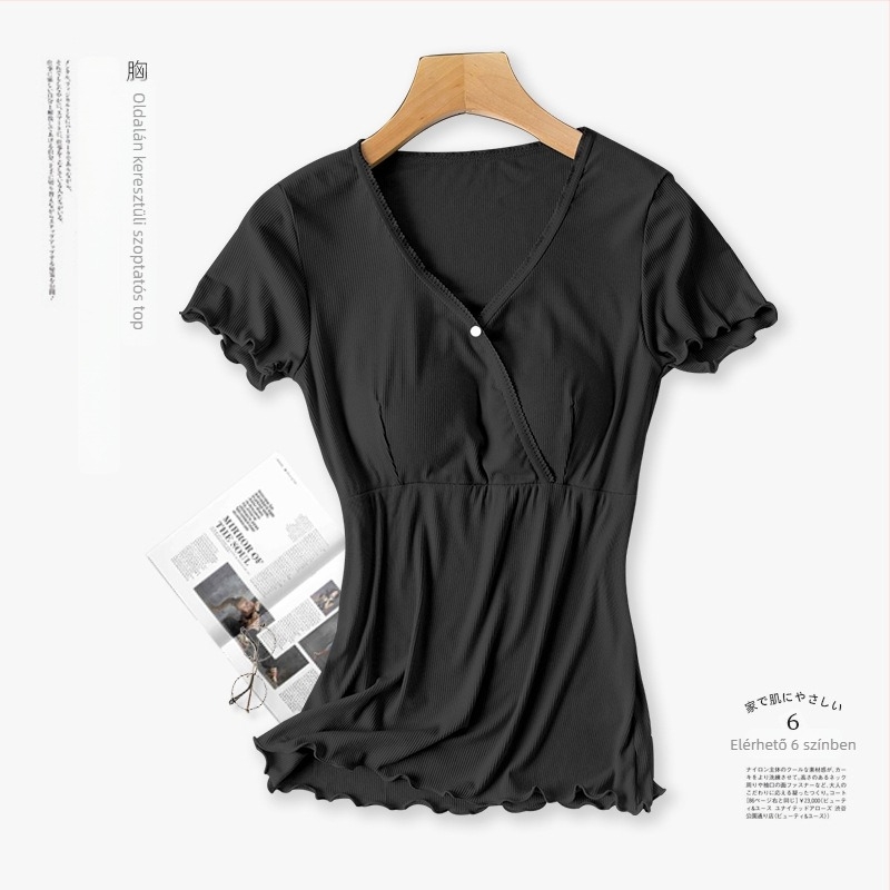 Szoptatási nyílással rendelkező kismama pizsama készlet, rövid ujjú, V-nyakú, regenerált cellulóz rostból készült anyag, 90–95% arányban, nyári stílus