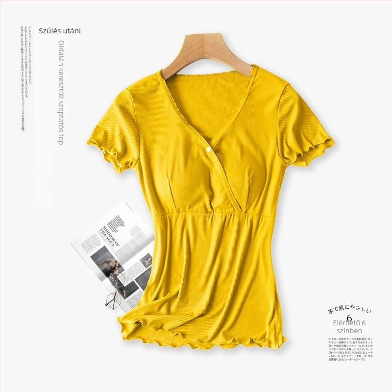 Szoptatási nyílással rendelkező kismama pizsama készlet, rövid ujjú, V-nyakú, regenerált cellulóz rostból készült anyag, 90–95% arányban, nyári stílus