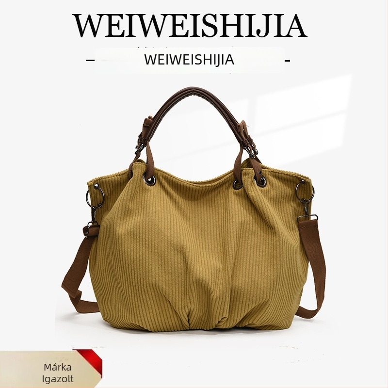 Corduroy tote táska, nagy kapacitású, cipzáras zárás, belső zsebek (zárható zseb, zsebé a telefon számára)