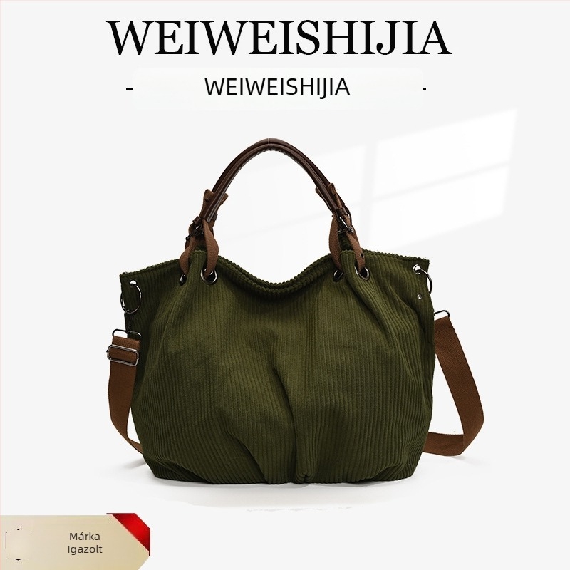 Corduroy tote táska, nagy kapacitású, cipzáras zárás, belső zsebek (zárható zseb, zsebé a telefon számára)