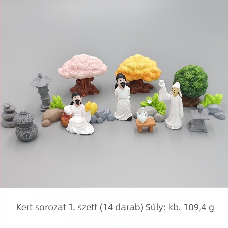 Miniatűr gyanta tájkép – ősi kert látvány pavillon, lótusz levelek és tavacskával, íves híd (Anyag: gyanta; Anyag típus: műanyag, gyanta; Kategória: gyanta kézművesek; Stílus: karikatúra)