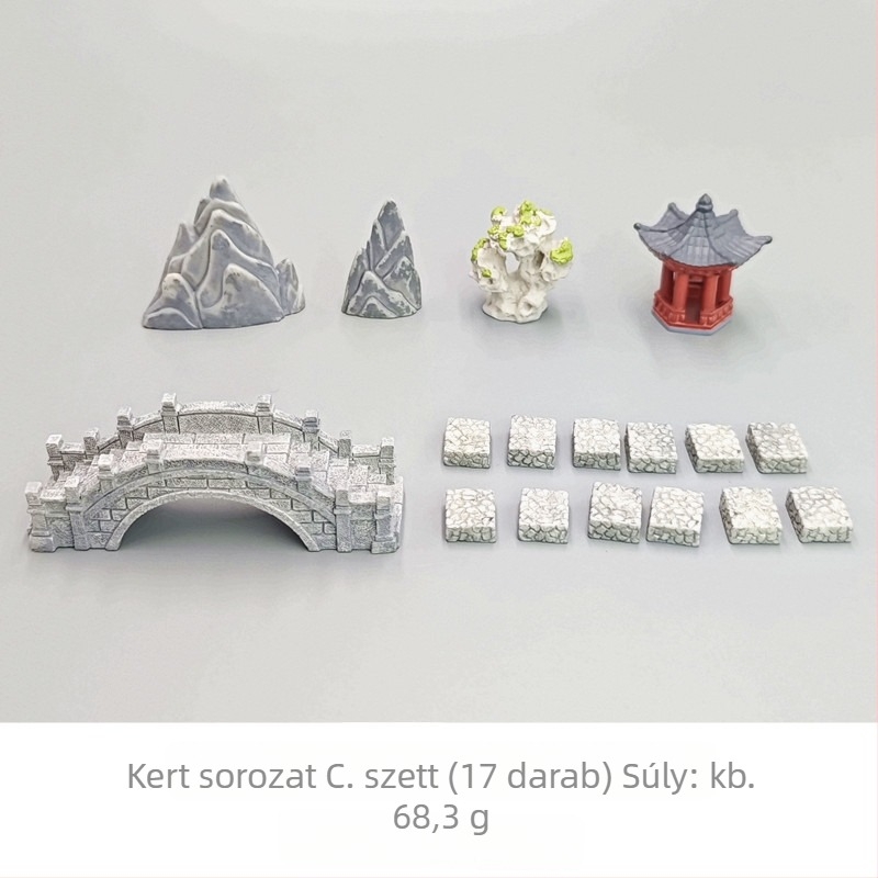 Miniatűr gyanta tájkép – ősi kert látvány pavillon, lótusz levelek és tavacskával, íves híd (Anyag: gyanta; Anyag típus: műanyag, gyanta; Kategória: gyanta kézművesek; Stílus: karikatúra)