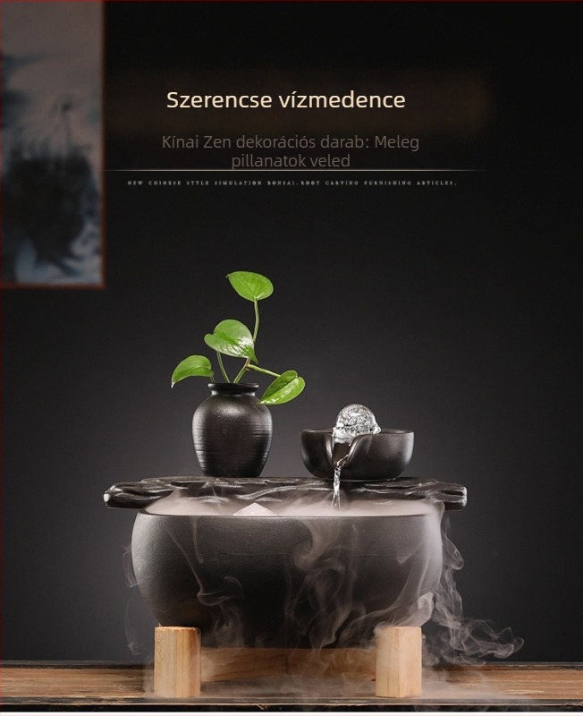 Kerámiából készült cirkuláló vízszökőkút Feng Shui kerékkel, kis akváriummal, otthoni, nappali vagy irodai dekorációhoz; kézzel rajzolt felület; kézzel festett; új kínai stílus