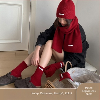 Négy darabos gyapjú sapka-sál kesztyű-zokni készlet nőknek (Anyag: gyapjú; Technika: jacquard; Mintázat: egyszínű; Szezon: tél)
