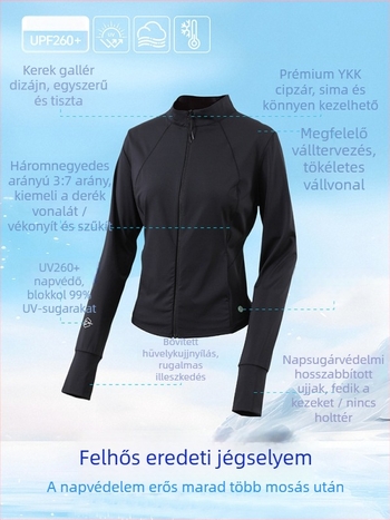 Női UV-védő hosszú ujjú kültéri felső, nylon-spandex keverék (50-70% nylon), szoros illeszkedés, UPF50+, elöl cipzár, hossz 50-65 cm
